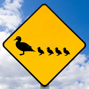 路标警告，鸭子和小鸭穿越