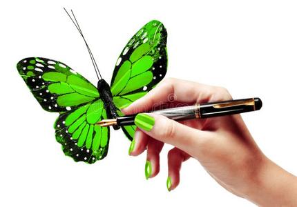 女人的手在画一只栩栩如生的绿色蝴蝶