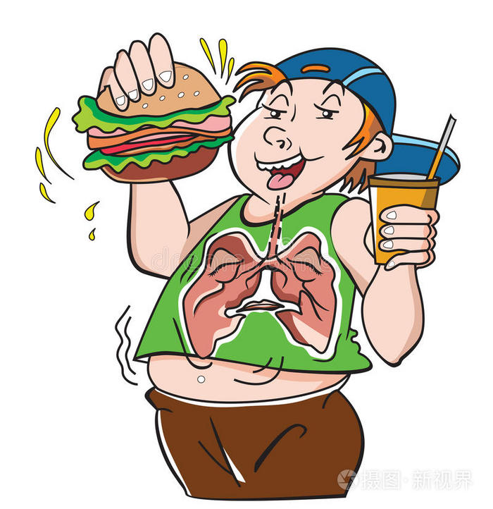 吃垃圾食品胖子超重儿童胖小子胃痛的女孩胖胖的商人吃着食物和啤酒