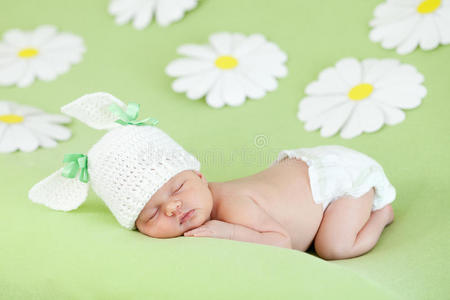 初生婴儿睡在绿色的纸雏菊中