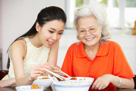 中国母亲和成年女儿在吃饭