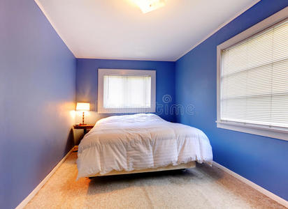蓝紫色卧室，白色毯子。