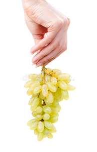 一串绿色的葡萄在女人手里