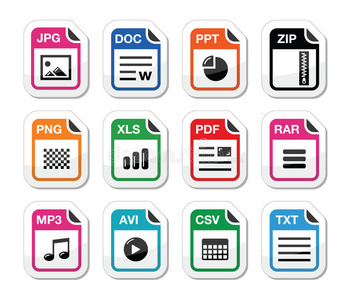 文件类型图标作为标签集-zip,pdf,jpg,doc照片