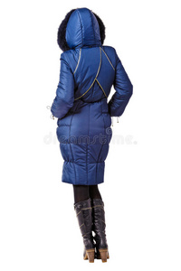 冬日蓝色连帽外套女性后视图