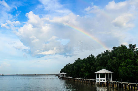 牡蛎养殖场上空的蓝天彩虹