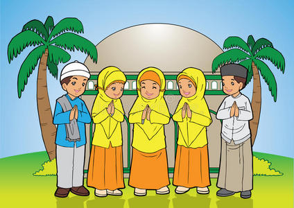 问候孩子印尼穆斯林孩子们的问候照片