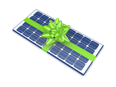 用绿丝带装饰的太阳能电池。