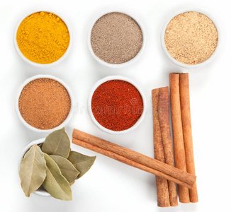 在白色背景上隔离的白色碗中的不同香料.照片