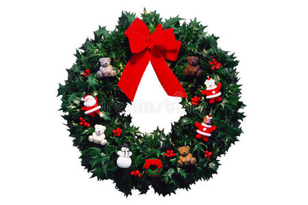 霍莉蓝蝴蝶红色蝴蝶结的圣诞花圈.照片