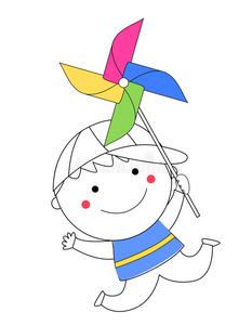 小男孩在风车上吹气照片