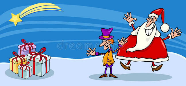 圣诞老人和圣诞精灵卡通卡