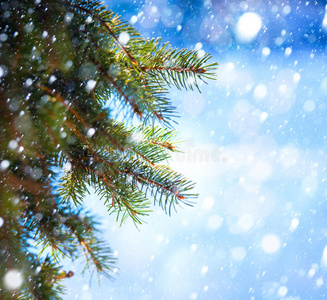 艺术圣诞树枝和降雪