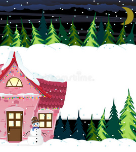 冬天的房子和微笑的雪人