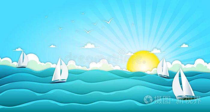 夏季广阔海洋中的帆船