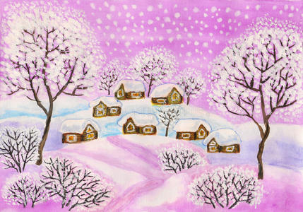 紫色冬季风景画图片