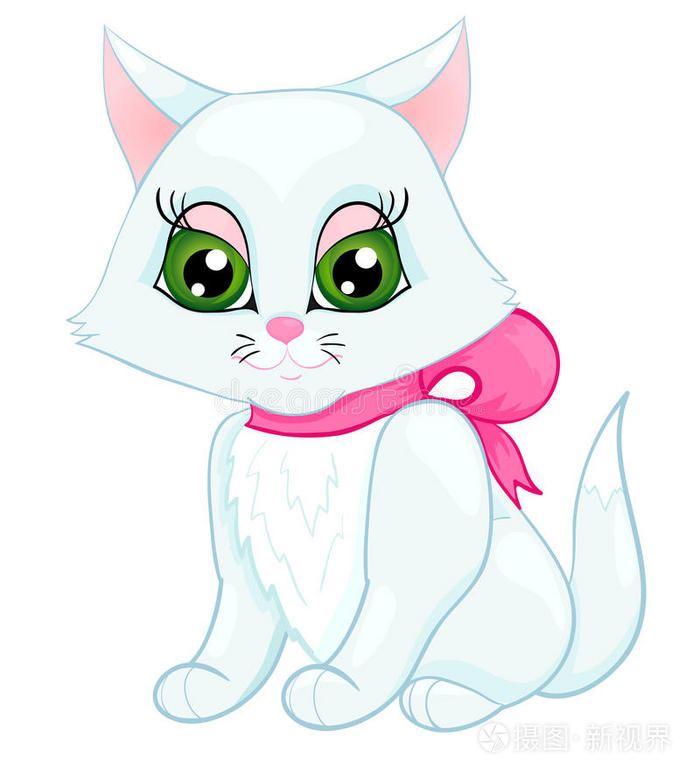 可爱的白色小猫，脖子上有一个粉红色的蝴蝶结