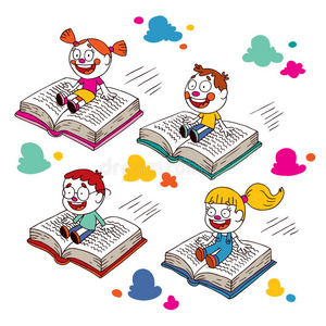 孩子们在书上飞翔卡通独角兽在彩虹下飞翔快乐的孩子们在秋千上飞翔