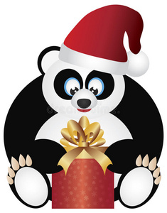 熊猫坐在圣诞老人帽子打开礼物