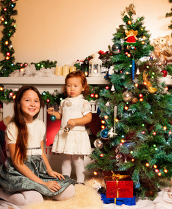 和姐姐一起装饰圣诞树的女孩
