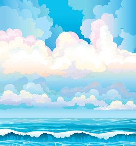 蓝天上的云和波涛中的海