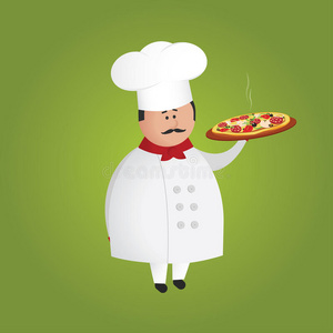 可爱的意大利厨师人物拿着披萨