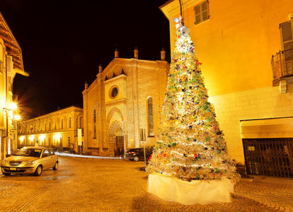 小广场上的圣诞树。阿尔巴，意大利。