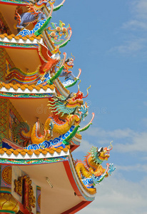 中国寺庙屋顶上的龙雕塑。