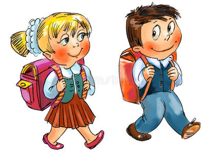 男孩和女孩上学插画