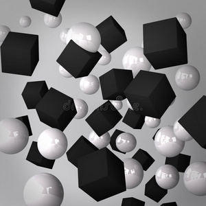 由黑色立方体和白色球体构成的抽象灰色背景