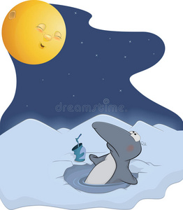 企鹅和月亮。卡通