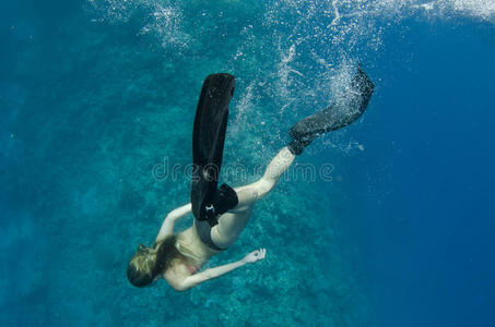 在珊瑚礁上自由潜水的妇女