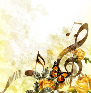 优雅的音乐浪漫的背景与音符和玫瑰