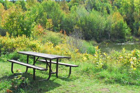森林和湖边的野餐桌。