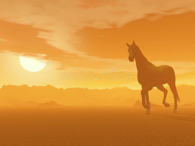 沙漠飞驰日落沙漠中的马-3d渲染照片