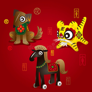 中国十二生肖吉祥物:狗,虎,马照片