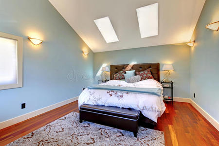 带床和天窗的蓝色卧室。
