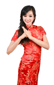 穿旗袍的美女祝你新年快乐照片