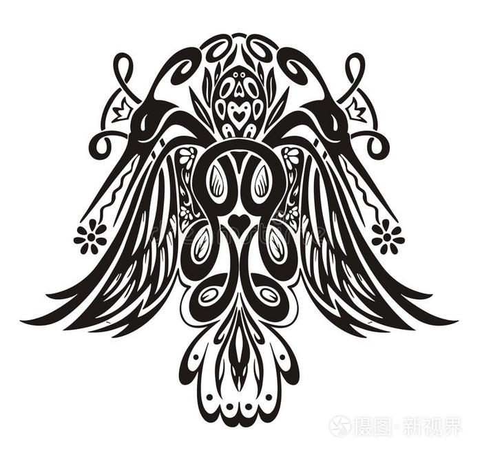 装饰a b风格化的鸟对称小品海豚和鱼的风格化对称小插曲罂粟花无缝