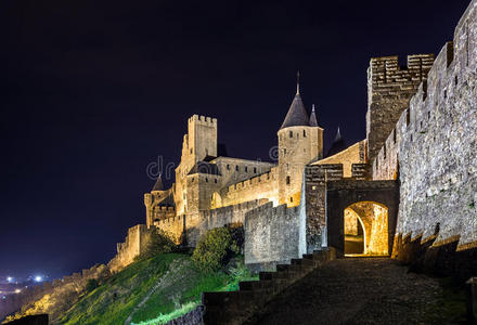 卡尔卡松中世纪城堡夜景。