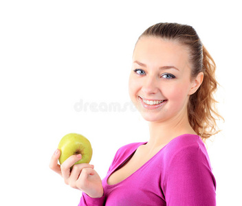 一个年轻的快乐的女人，穿着苹果色的运动服，被隔离在白色的背景下