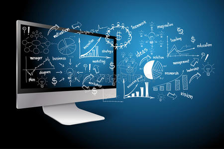 台式烤肠具有商业计划概念的台式计算机照片