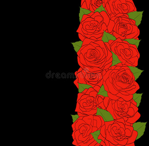 垂直的花组成。美丽的红玫瑰，花蕾和绿叶在黑色上