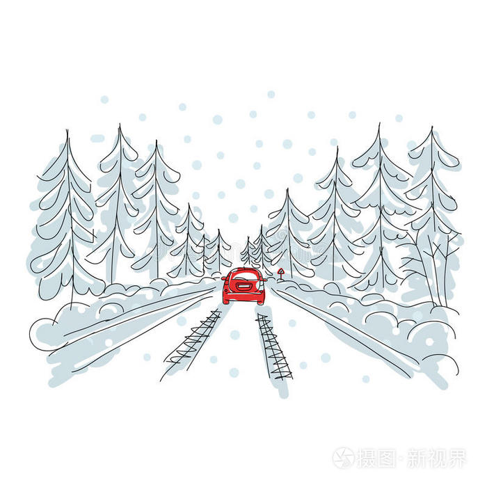 雪地上自动人行道冬季景观道路结冰冬季道路雪路冬季道路三棵树的剪影