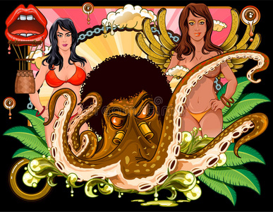 非洲章鱼和女孩在后面照片