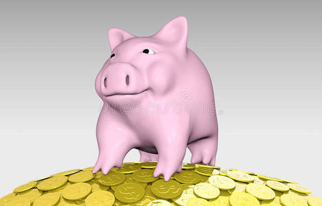 一堆硬币上的粉红色小猪