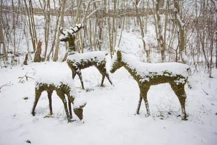 冬雪中的苔藓鹿像