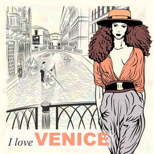 vector可爱时尚女郎威尼斯背景