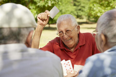 活跃的老年人，一群在公园打牌的老朋友