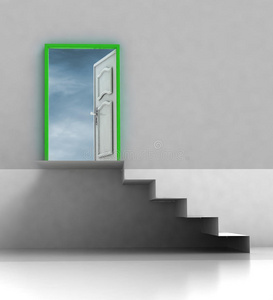 带绿色框架门的楼梯通道